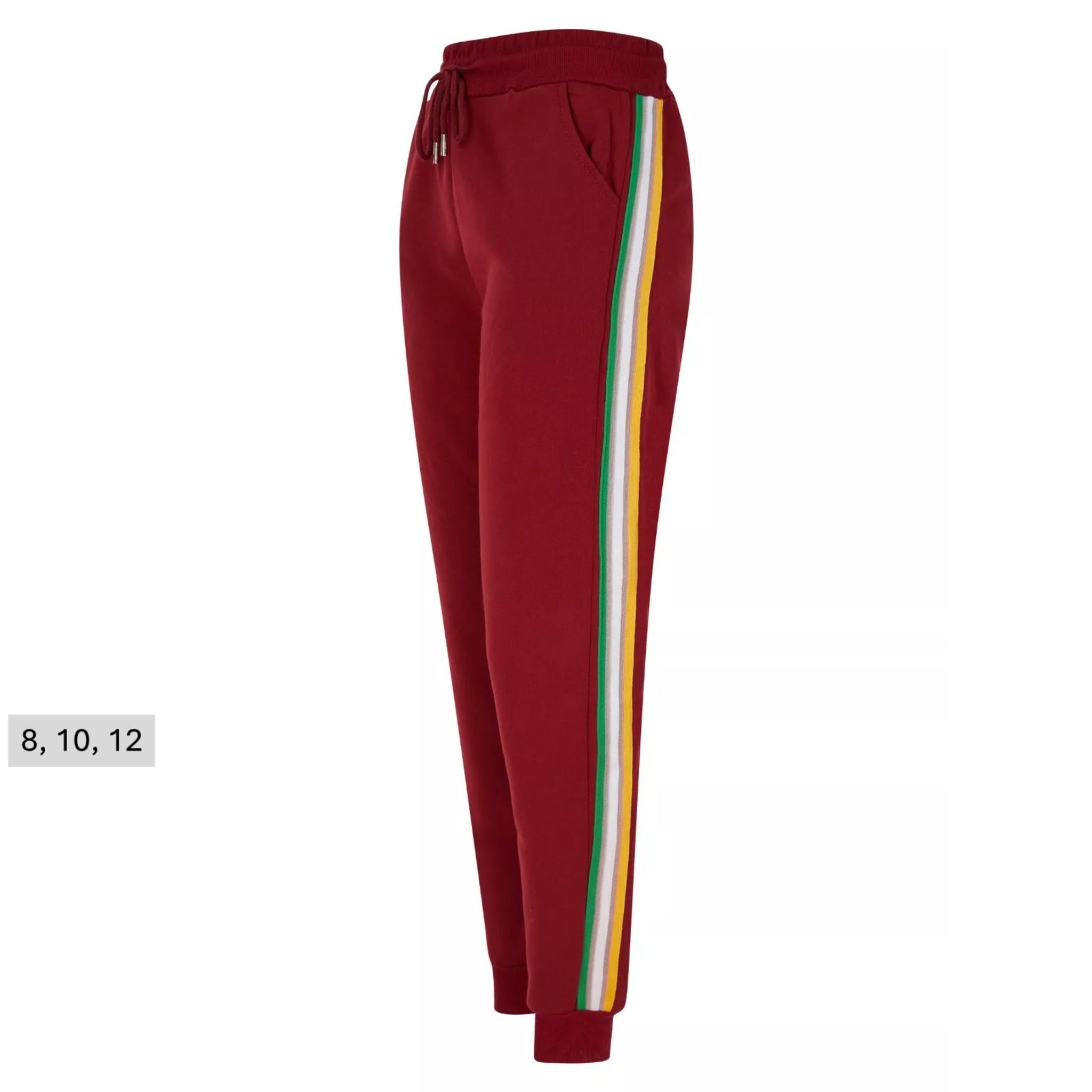 Women's burgundy jogger trousers with green, yellow, and white striped side detail, elasticated waist, drawstring tie, and cuffed ankles.